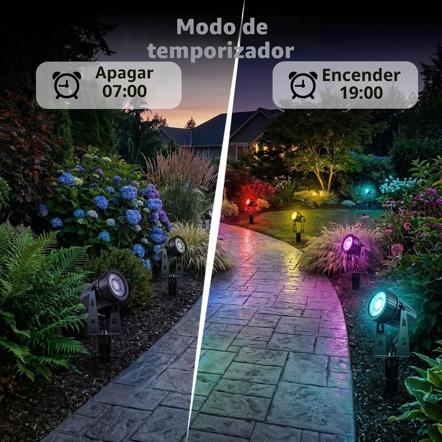 6 Focos LED RGBW de Jardín con Temporizador Bluetooth APP, Luces para Jardin, RGB+Blanco Cálido con Clavija de Tierra IP65 Impermeable 24V para Exterior