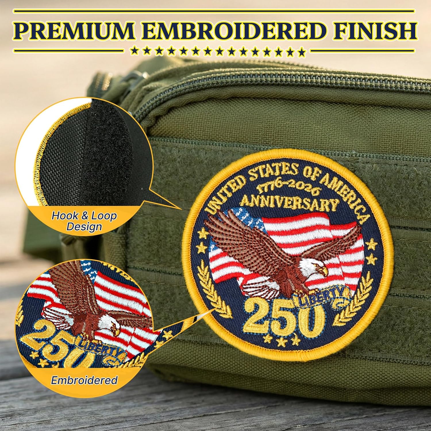 XMJY 250th Anniversary USA Hook and Loop Patch, 1776-2026 250th Liberty Embroidered Patch for Hats, Backpacks, Vests, Bags, Dog Harnesses