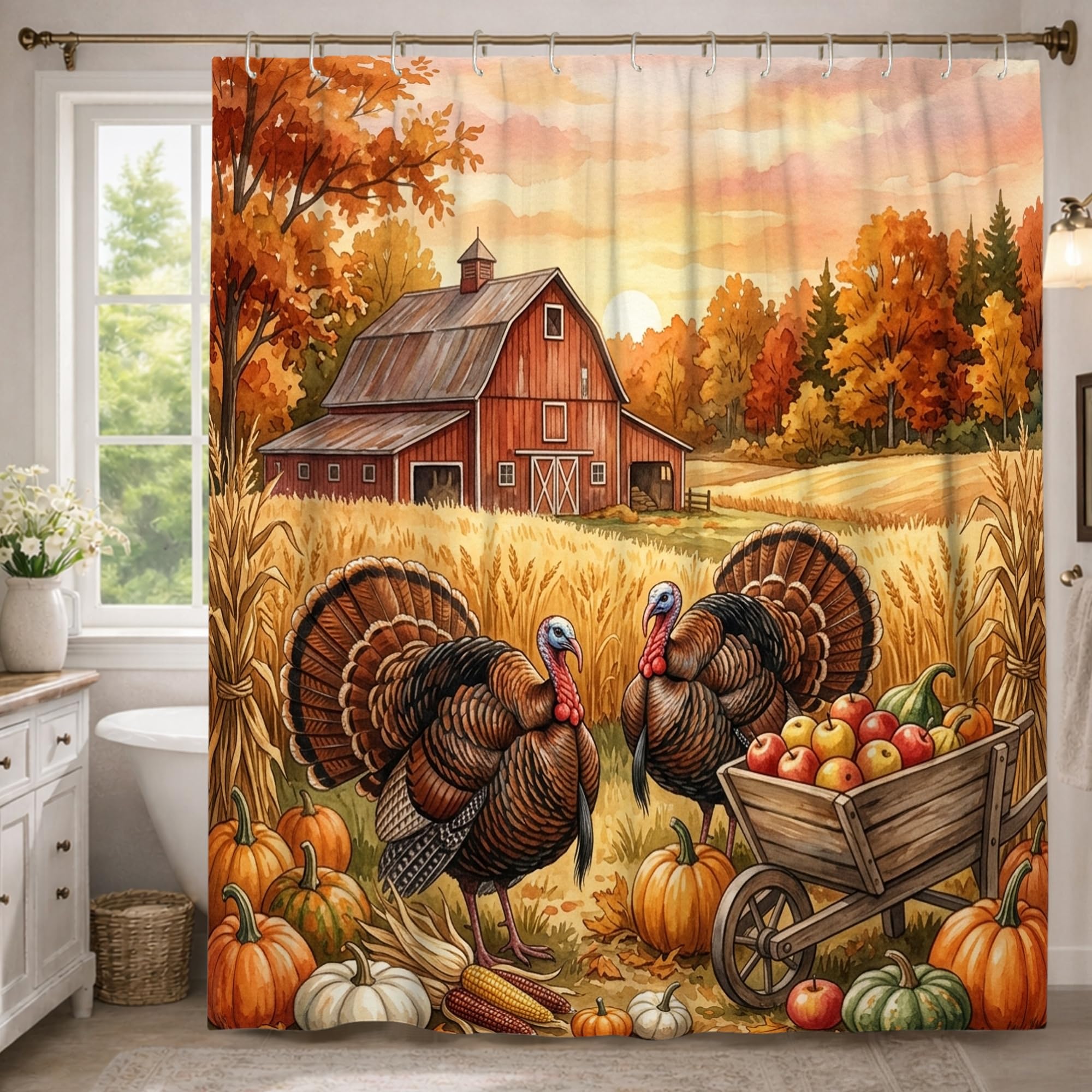 Rideau de douche lavable à motif de citrouilles Turkey orange