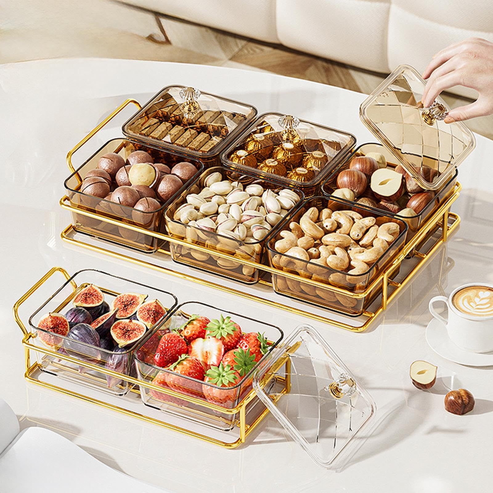 Fenteer Bandeja de Secos con Tapa, Plato para Servir Aperitivos, Cuencos para Almacenar Alimentos, Plato Dividido para Aperitivos para Fiestas de Cumpl, Oro con 6 Rejillas, Individual