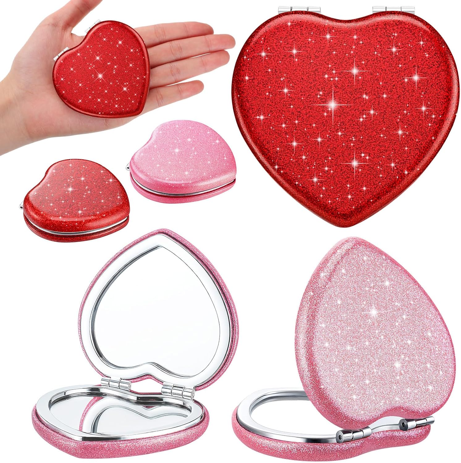 Yuntau 10 Pcs Red and Pink Heart Shaped Compact Mirror 1x/2x Magnifying Double-Sided Pocket Mirror for Purse, Cute Glitter Travel Makeup Mirrors Valentine's Day Gifts for Her, Travel Essentials