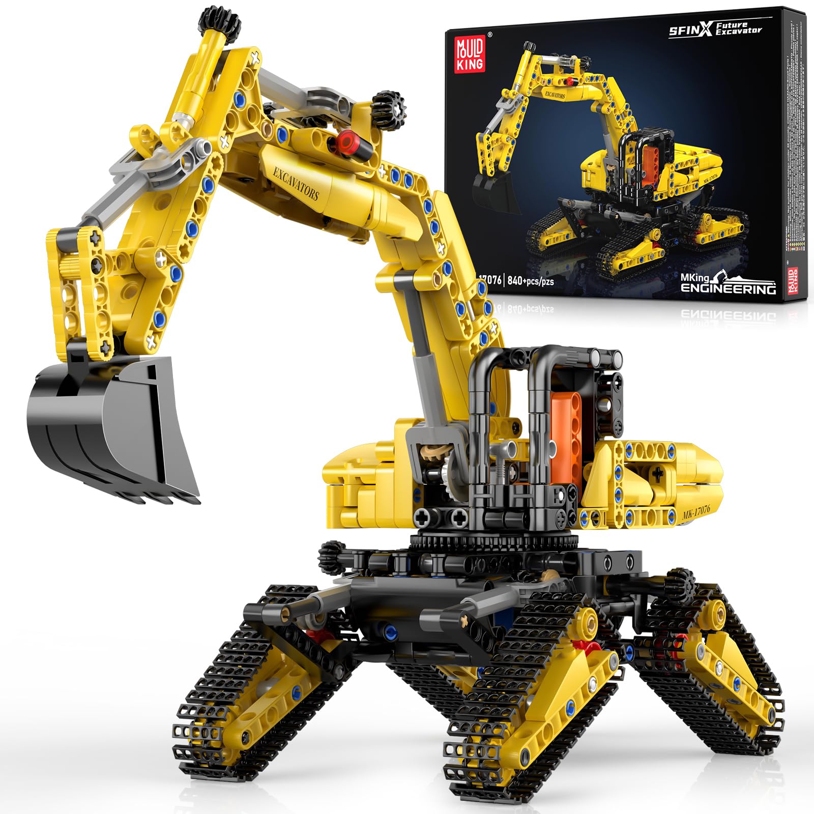 Mould King Technik Bagger Bausatz, 17076 Bauspielzeug Bagger-Modell, 840Teile STEM Konstruktions-Baukasten für Erwachsene, Spielzeugbagger für 14+ Jugendliche