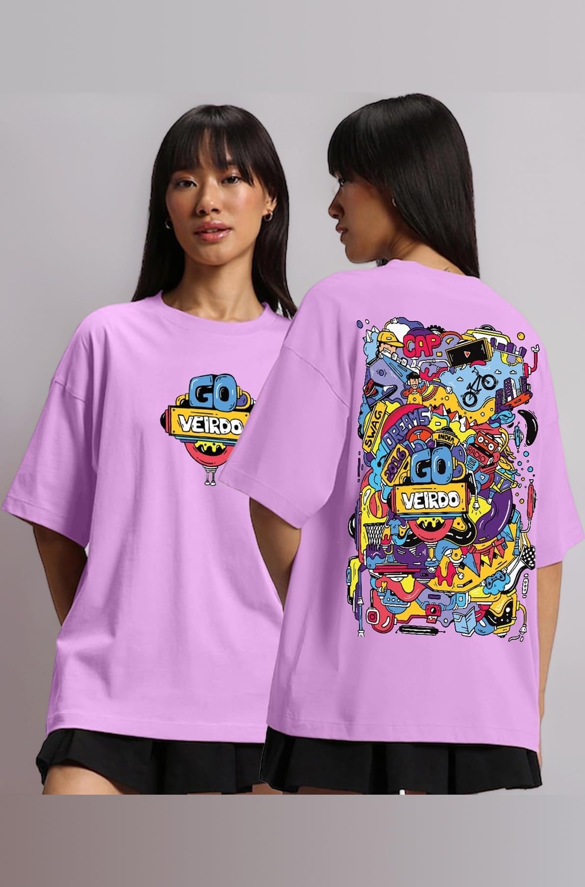 Veirdo® Pure Cotton Round Neck Oversized Baggy Fit Latest Stylish Front & Back Graphic Printed Half Sleeve Boyfriend T-Shirt for Women (Color Options- Black, Orange, Royal Blue & Lilac)