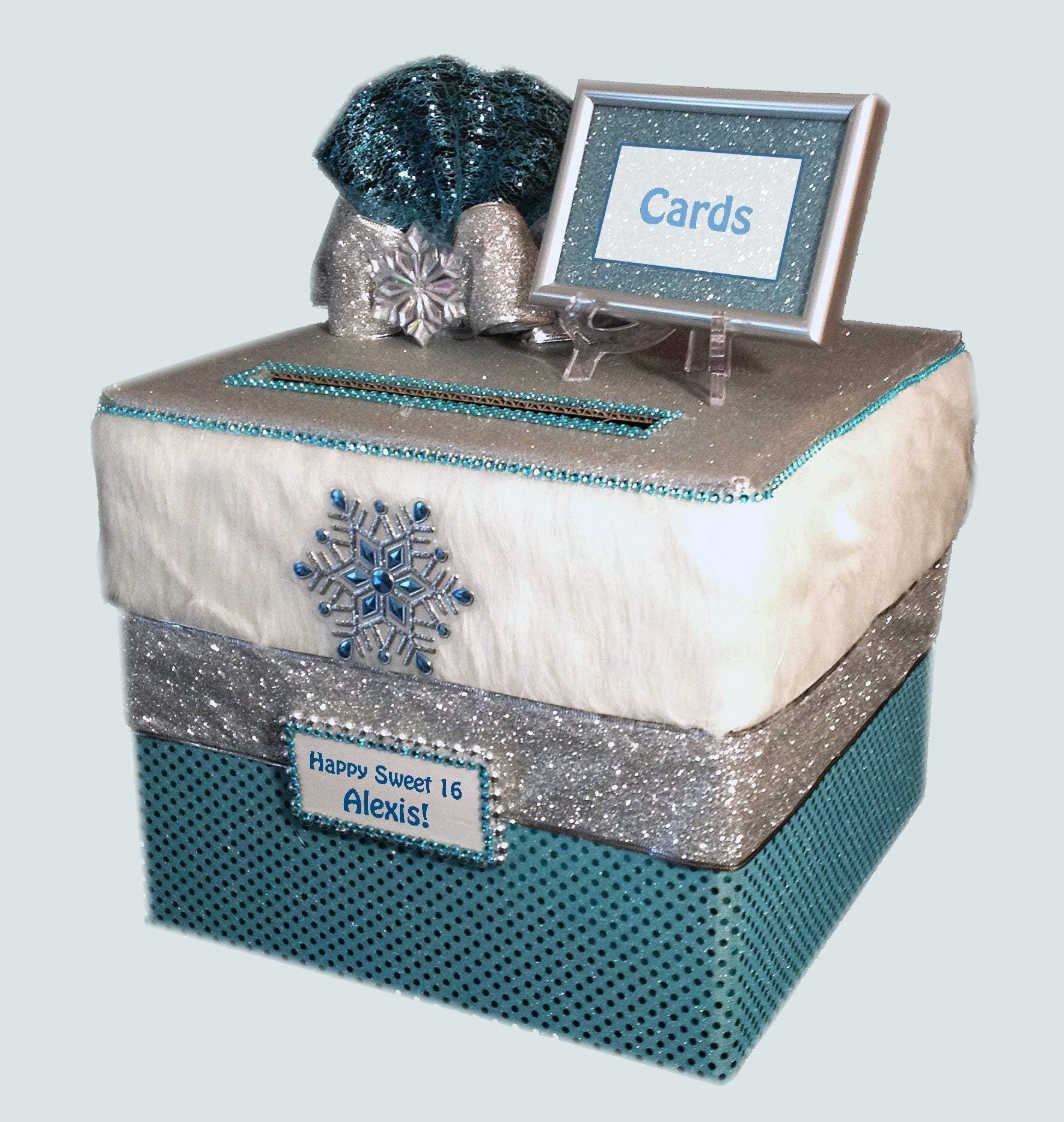 Sweet 16 Winter Wonderland Card Box, Wedding Card Holder, Quinceanera Centerpiece, Aqua, white fur, holds 500 cards, All The Best Card Boxes