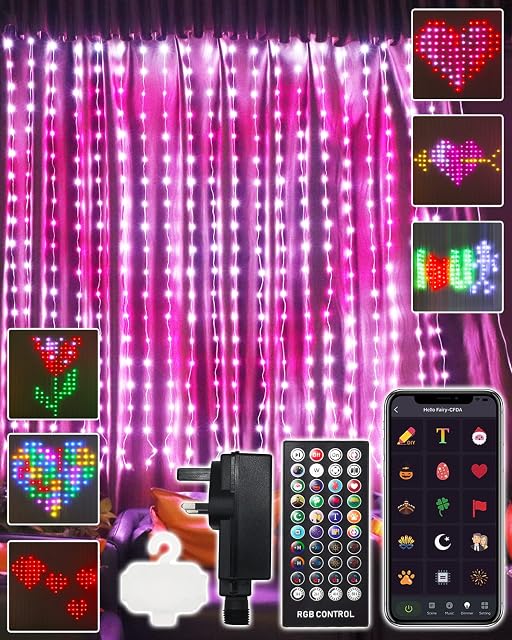 Curtain Fairy Lights DIY Pattern - Smart 400LED Custom Word Colour Changing Festival Theme Animations App Remote Control Music Wall Twinkle String Backdrop Hanging Lights Indoor Bedroom Party Decor