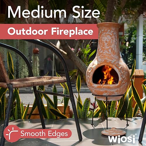 Miniatura 2 de Wiosi Chimeneas medianas de arcilla para exteriores con tapas de lluvia y soportes de metal sólido, chimenea de terracota amarilla, chimenea rústica