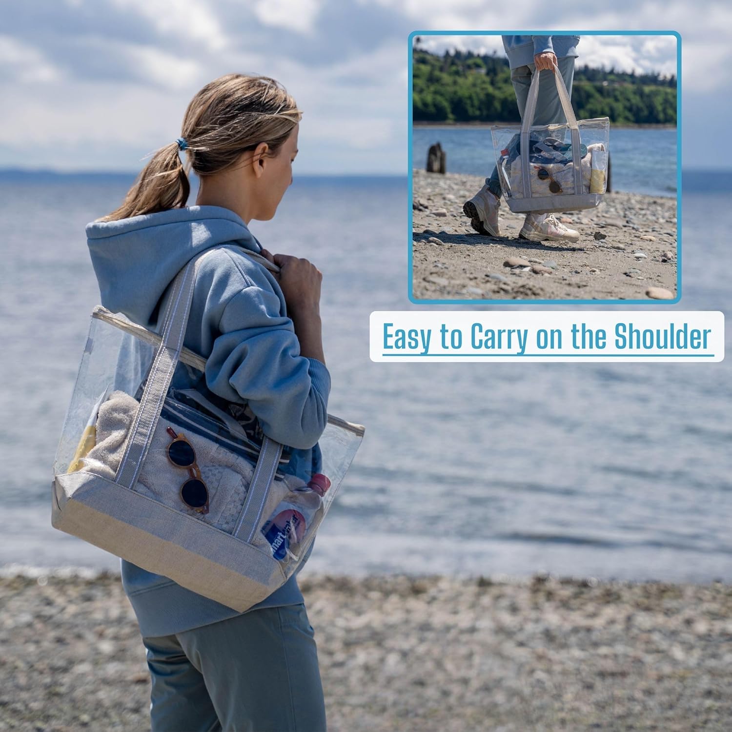 VENO 2 Pack Clear Beach Bag, Large Transparent Large Tote Bags Swim Pool Gym Summer Vacation Essentials for Women Men - Beige - Image 5