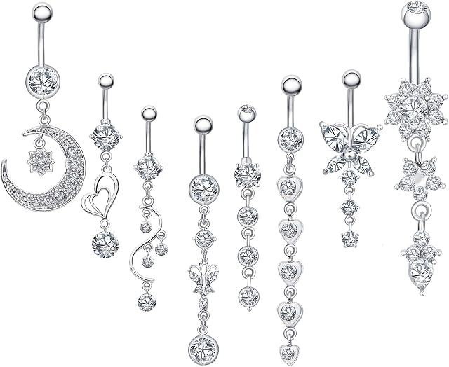 8PCS 14G 316L Surgical Steel CZ Belly button Bars with Dangle Cubic Zirconia Curved Body Piercing Jewelry Barbells for Women Girls