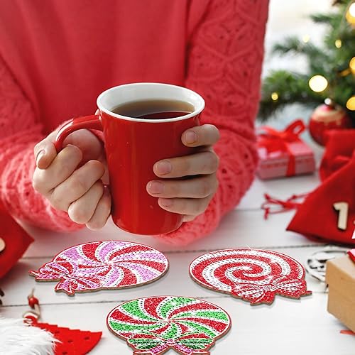 Miniatura 5 de YLOLUL Juego de posavasos de diamantes de caramelo de Navidad, 10 unidades, posavasos de arte de diamantes de caramelo con soporte para