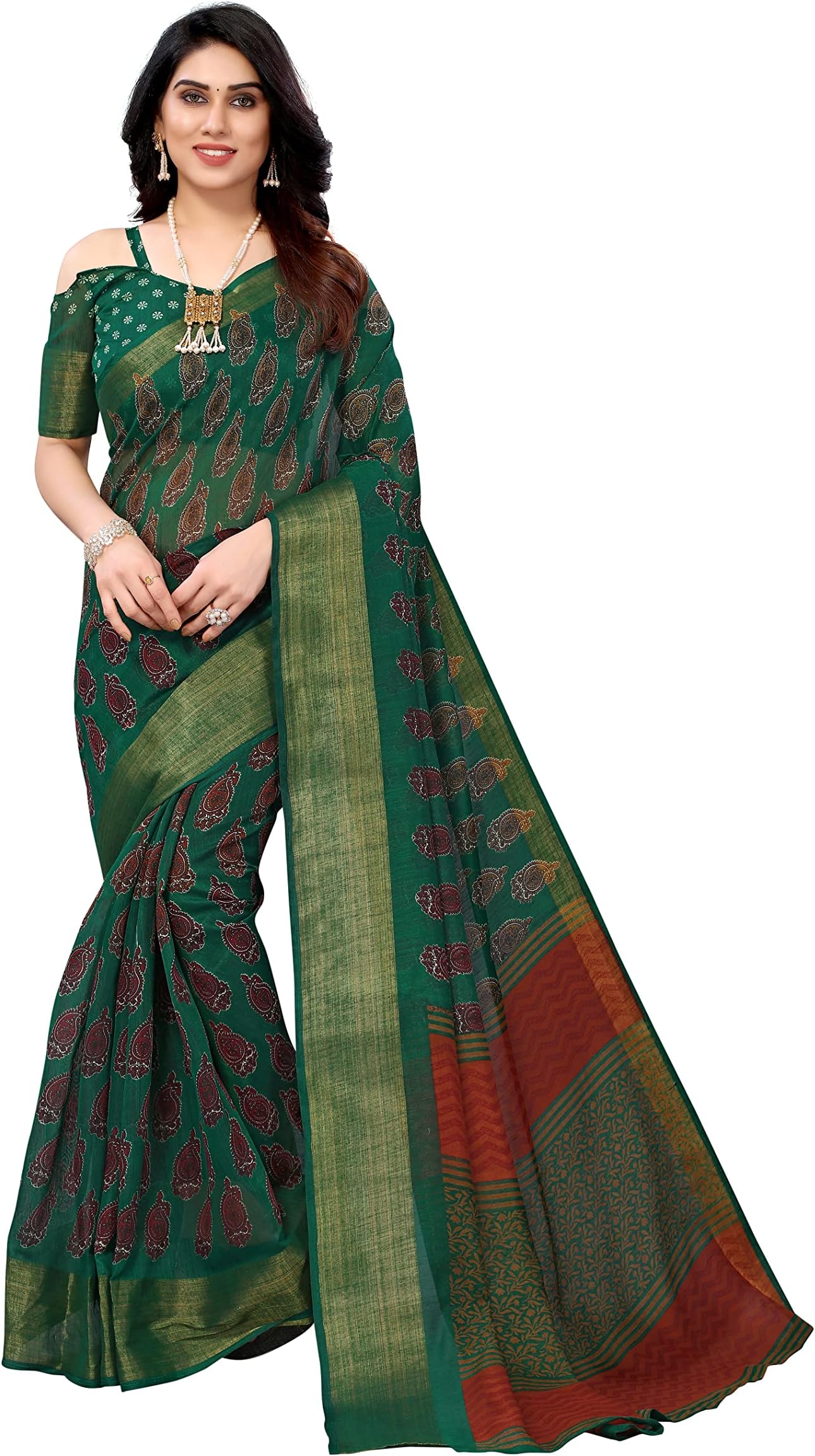 Winza Designer ZB Gajra Bottle Green_W Plain Khadi Saree for women ZB Gajra Bottle Green