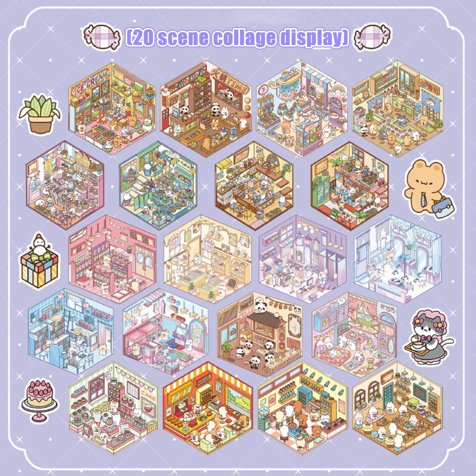 20 Sujets Autocollants de Scène, 3D Stickers Scene Miniature, Autocollants 3D House Stickers pour Soulager le Stress et Passer le Temps, avec 2 Pincette, Cadeau Parfait