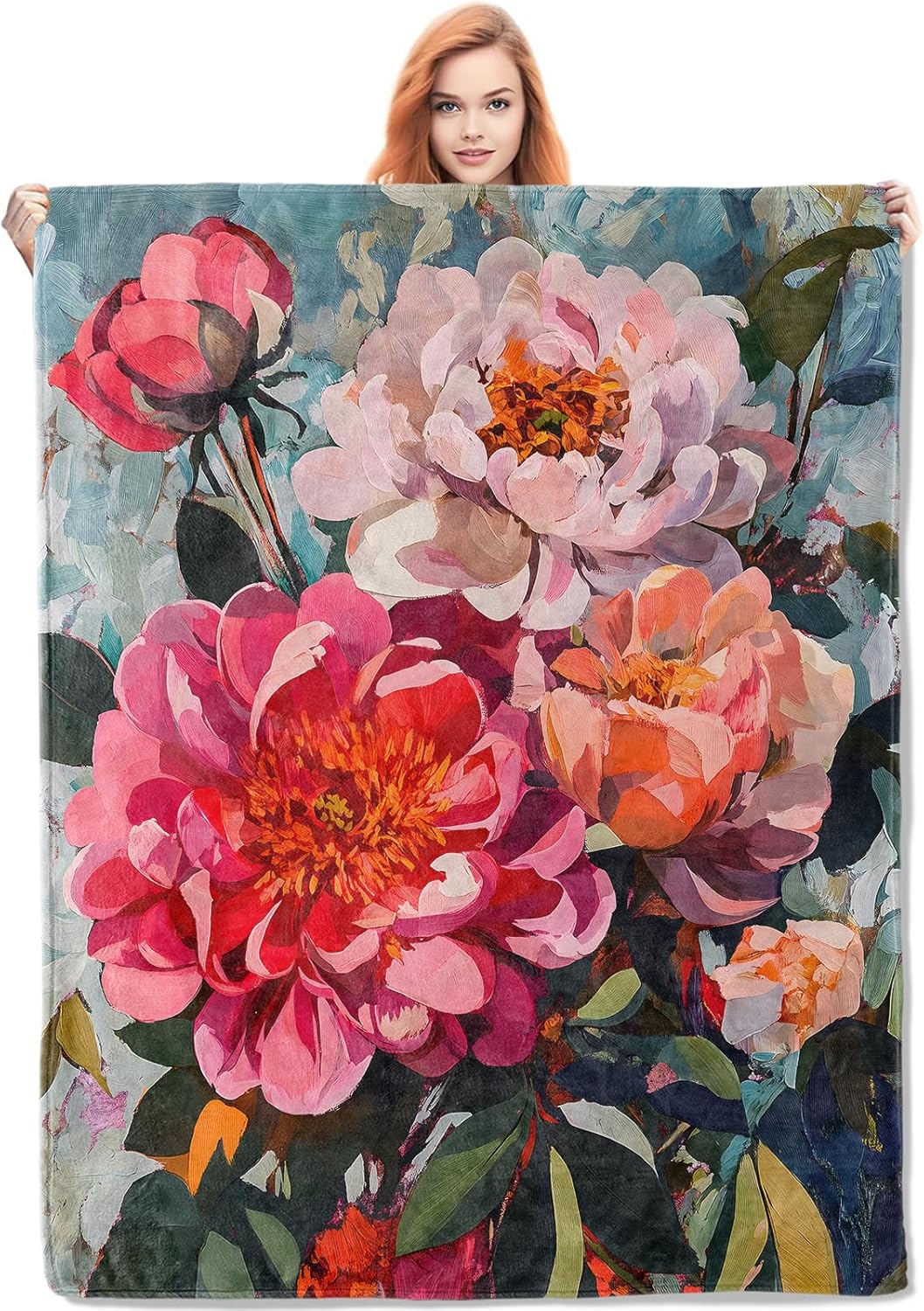 Floral Blanket Gifts for Women, Peony Flower Flannel Blanket, Soft Warm Lightweight Throw Blankets for Bed Couch Home Travel Decor 50" x 60"