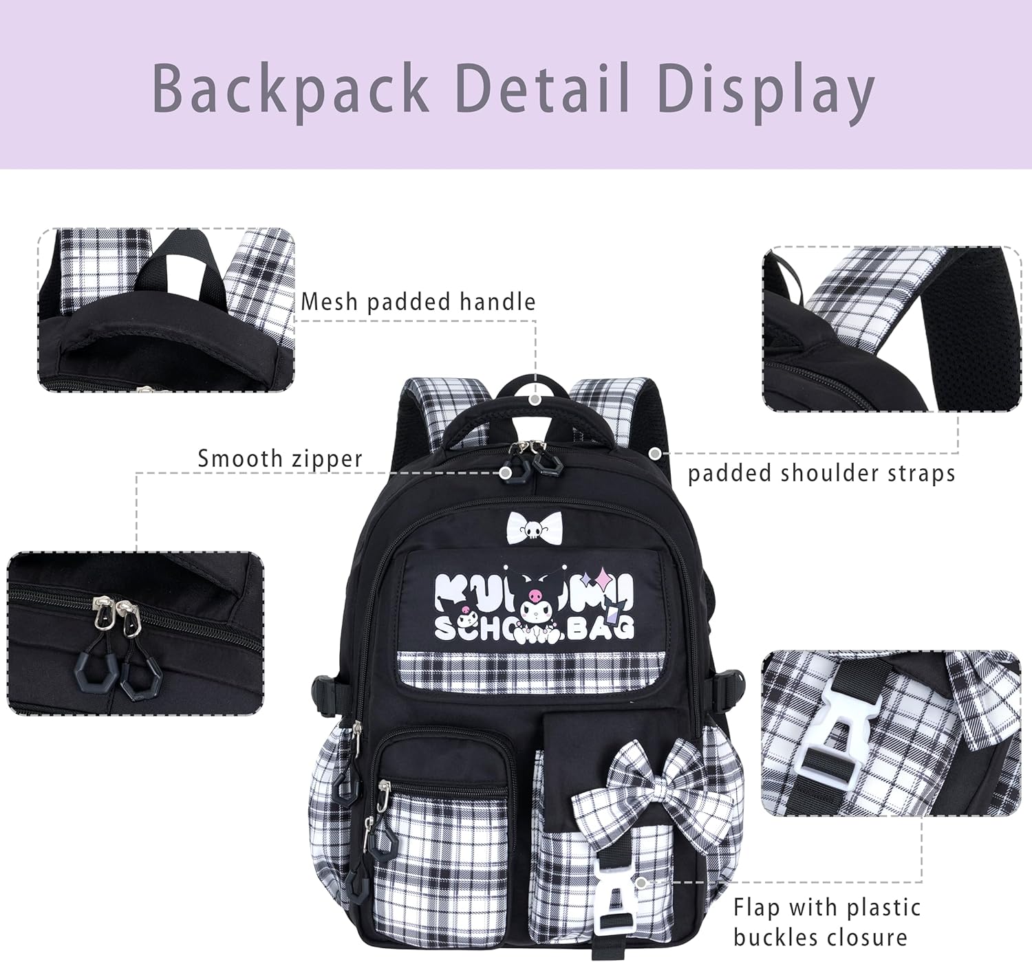 Roffatide Anime Kawaii School Backpack for Girls Boys with 21Pcs Accessories Cartoon Students Aesthetic New Semester Gifts Laptop Backpack with Cute Pins, Anti-Theft, ID Badge Holder Black A