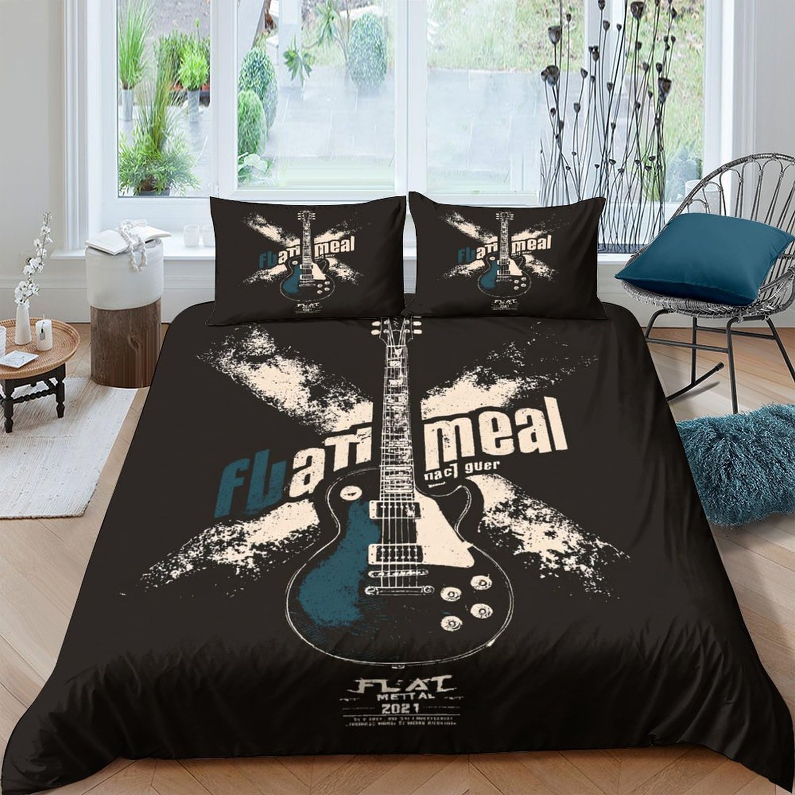 Ctjqhvkz Style-1 3D Printed Guitar Rock Fitted Sheet Microfiber Black Music Themed Bed Cover For Bedroom Dorm Easy Care Decor Single（135X200cm）