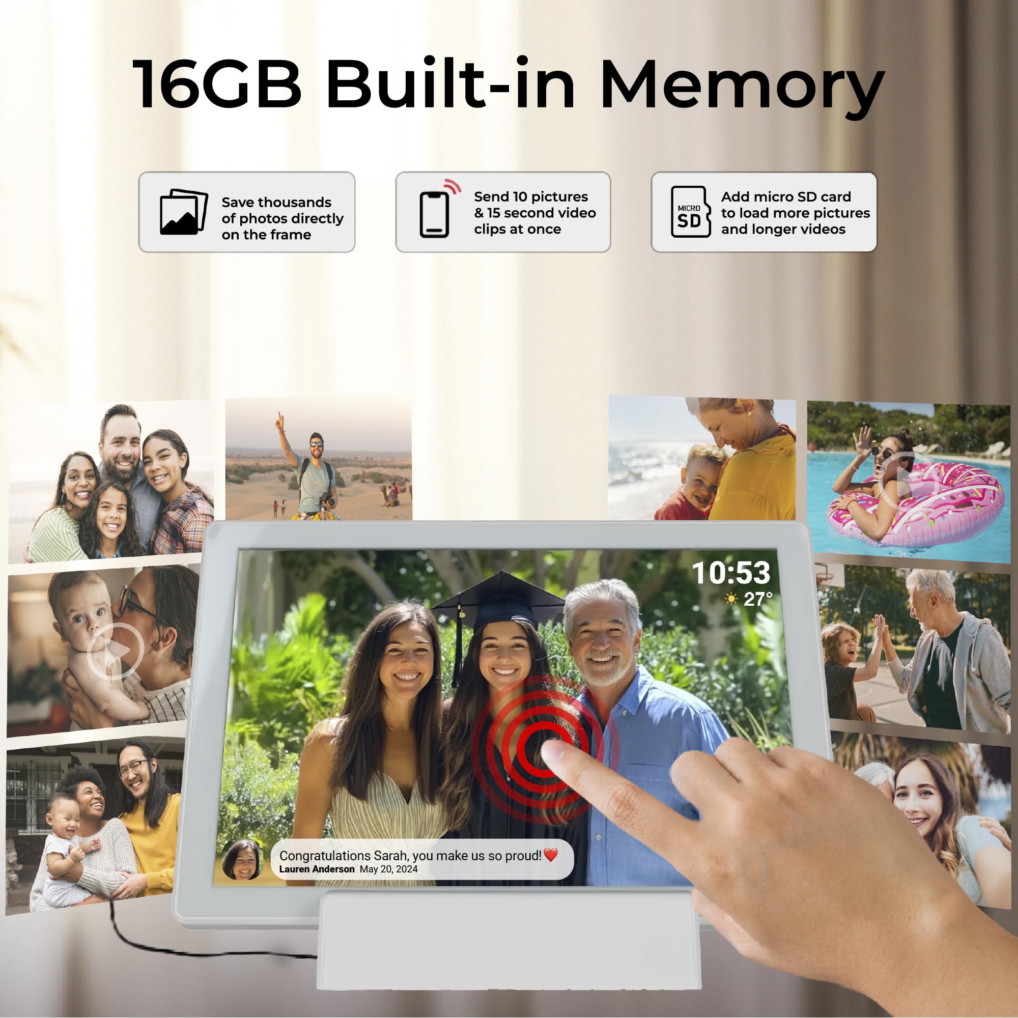 Denver PFF-1070W | cyfrowa ramka na zdjęcia Wi-Fi 10,1" z akumulatorem | ekran dotykowy HD IPS | aplikacja FRAMEO i pamięć 16 GB | biała