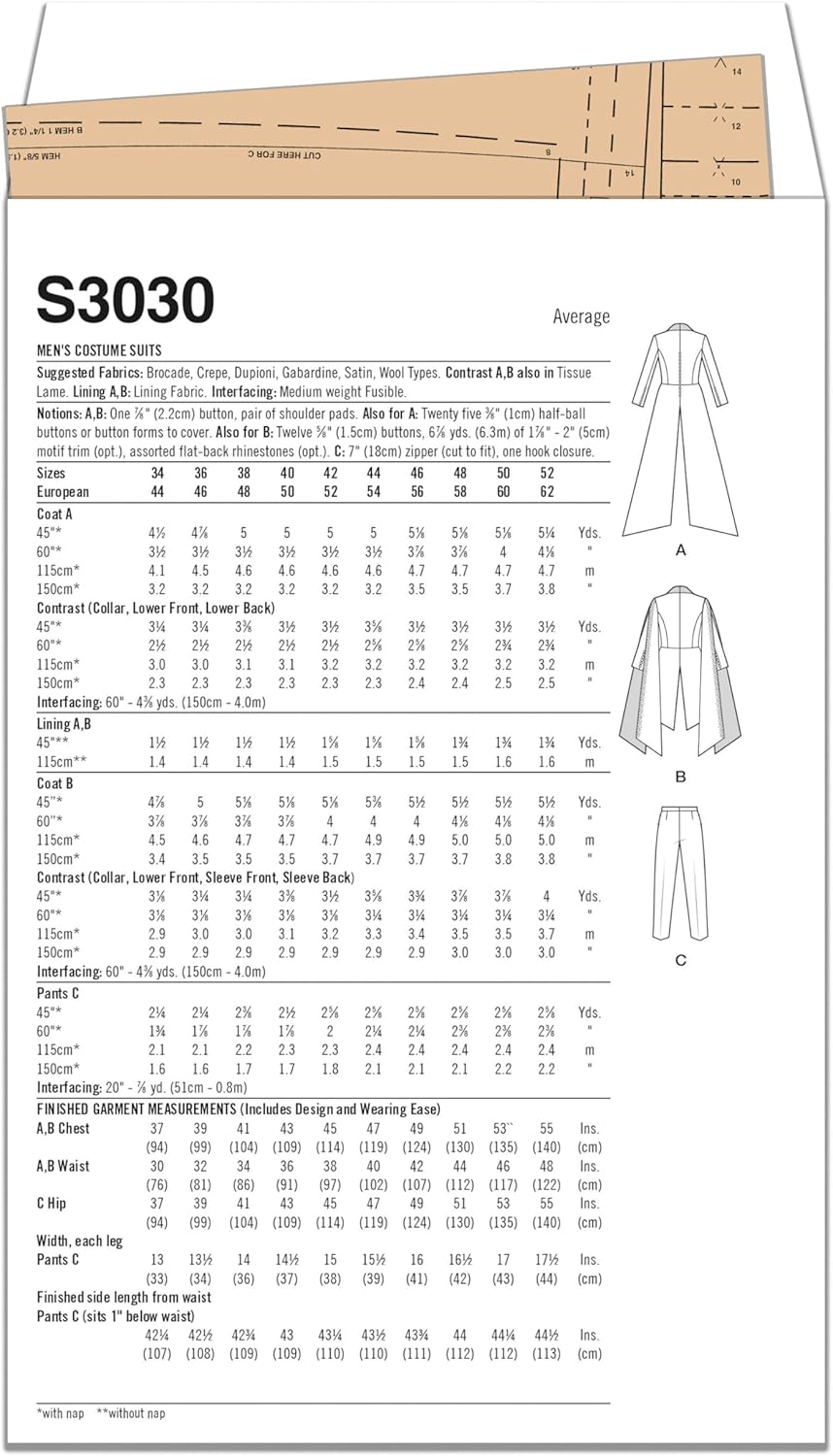 Simplicity SS3030BB Men's Costume Suits Sewing Pattern Packet, Design Code S3030, Sizes 44-46-48-50-52, Multicolor