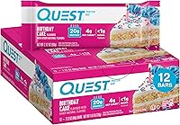 Vista 1 de Barras de proteínas Quest Nutrition Pastel de Cumpleaños, 20g de proteína, 1g de azúcar, 4g de carbohidratos netos, sin gluten, aptas para ceto, 12