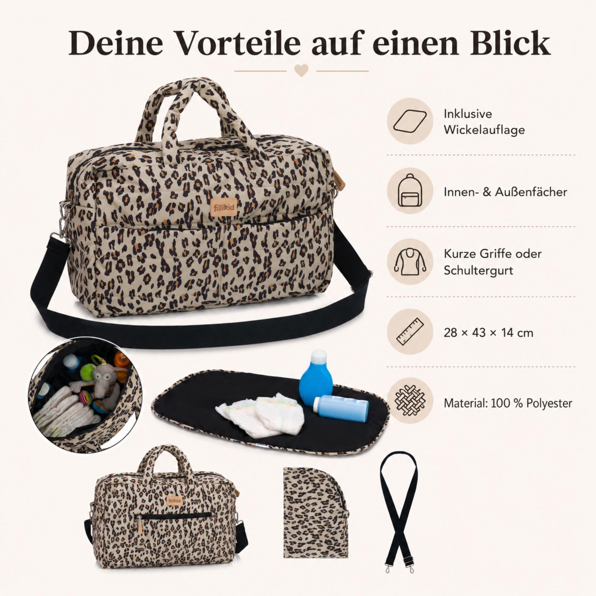 Fillikid Wickeltasche Toulouse Exklusiv | Inkl. Wickelauflage | Große Windeltasche mit Schultergurt & Tragegriffen, Viele Fächer | Stylische Mama Tasche für Unterwegs | Inkl. Wickelauflage, Schultergurt & Tragegriffe, Viele Fächer, Große Windeltasche