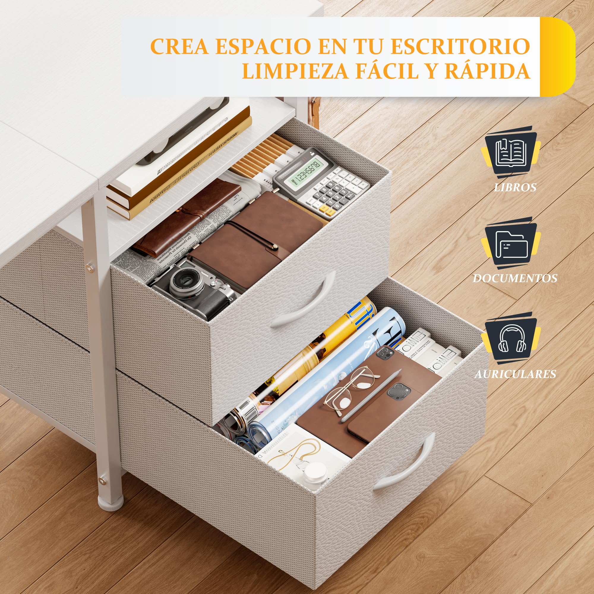 140x48 cm Rectangular Escritorio para Trabajo,Estudiar,Juegos,Blanco | Escritorio Gaming con 2 Cajones, 1 Organizador Colgante, Soporte para Monitor, 3 Altura ajustable, Gancho para Homeoficina