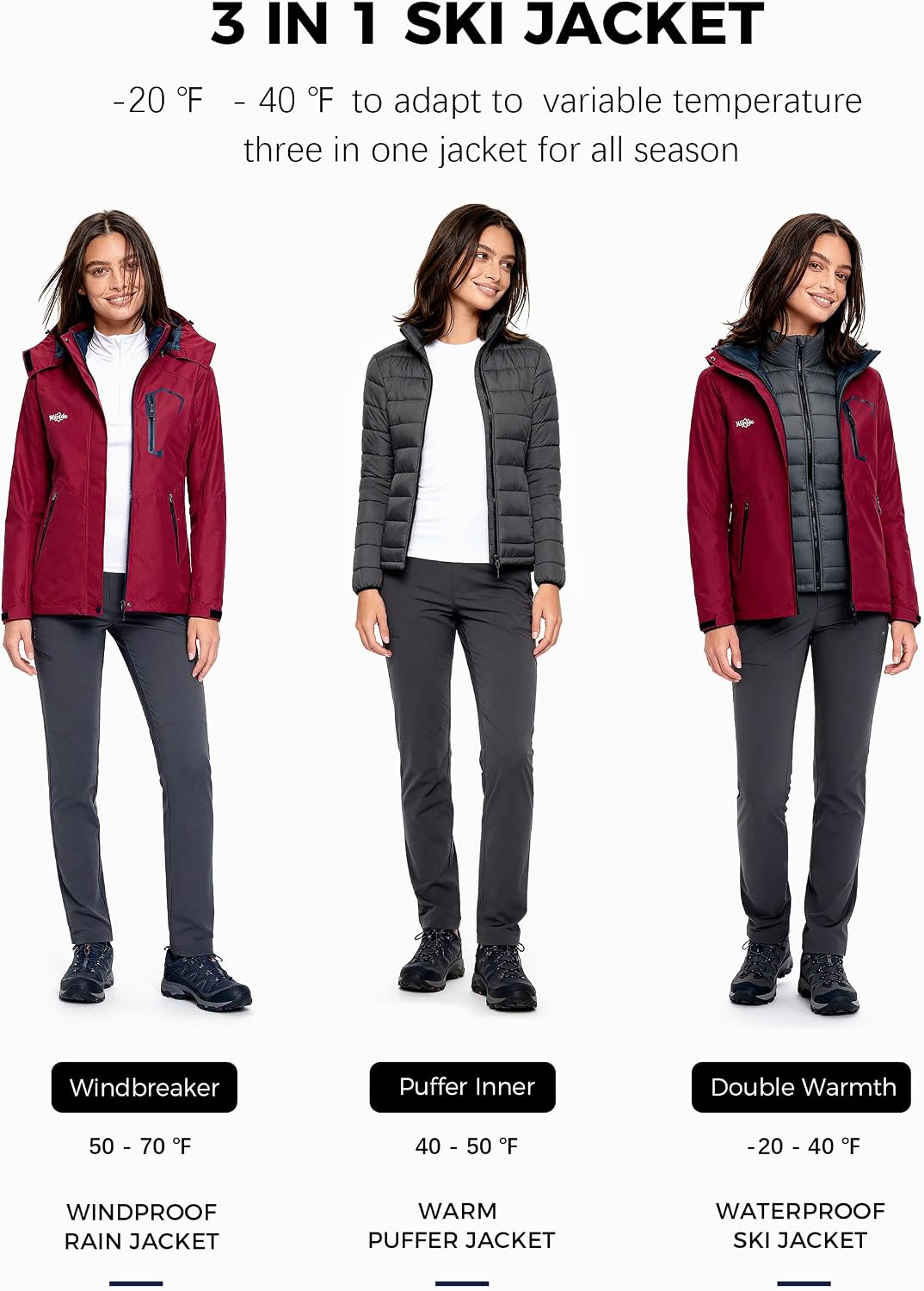 Wantdo Women's 3 in 1 Waterproof Ski Jacket Mountain Snowboarding Jacket Winter Snow Coat
