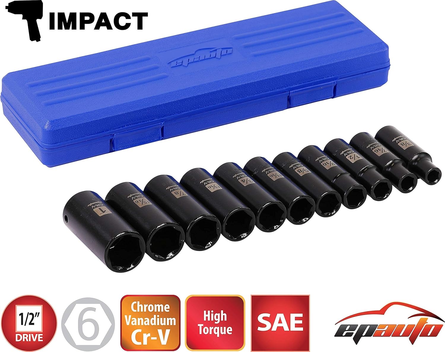 EPAuto 1/2-Inch Drive SAE Deep Impact Socket Set, Cr-V, 6 Points, 11 Sockets + 5 Pieces - Impact Socket Adapter and Reducer Set, Cr-V