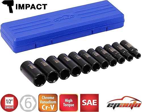 Miniatura 3 de EPAuto Juego de llaves de vaso SAE de impacto profundo de 1/2 pulgada, Cr-V, 6 puntos, 11 enchufes + 4 adaptadores de enchufe de impacto y juego