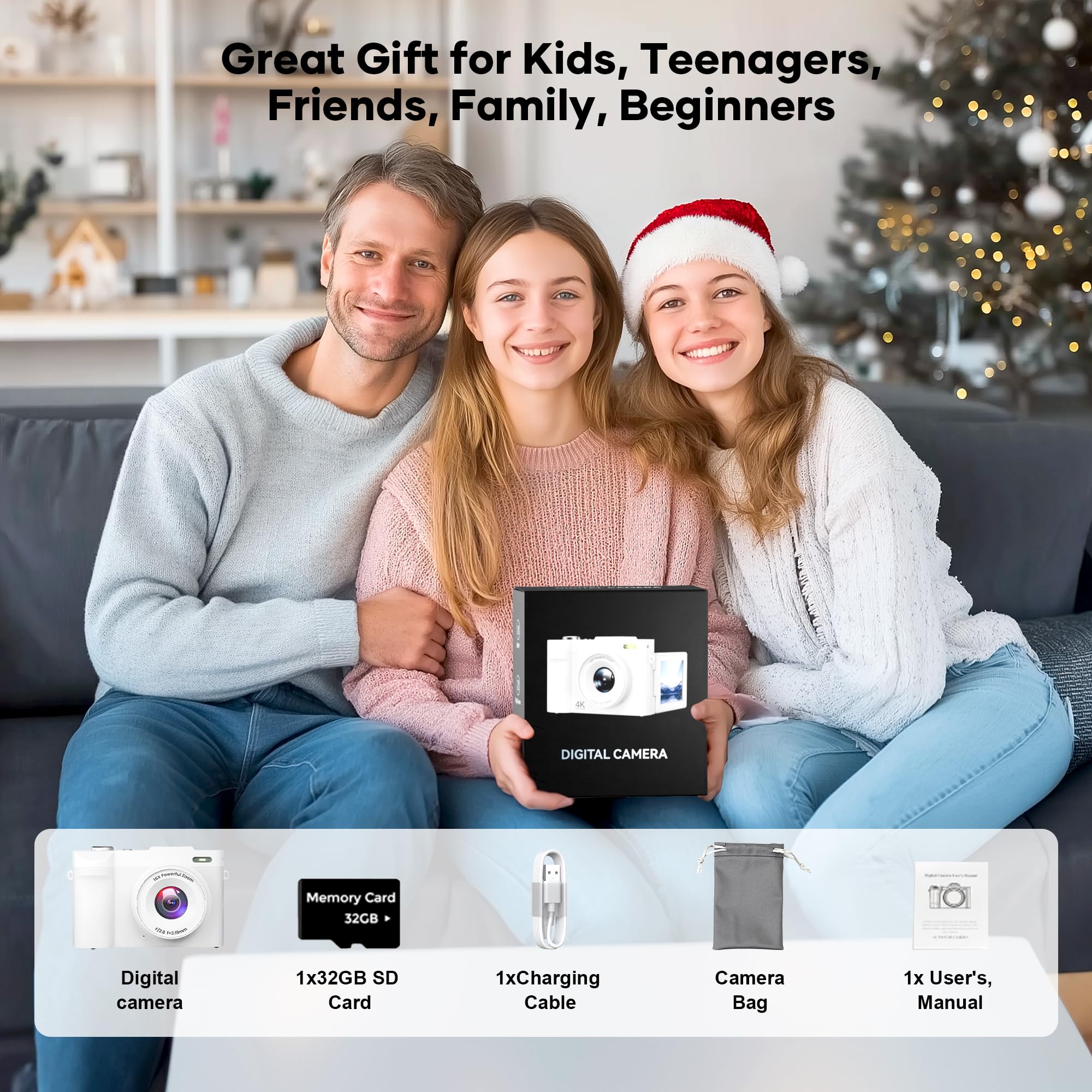 4K Digital Camera for Photography, Small Vlogging Camera with Flip Screen for YouTube, 50MP 16X Zoom, Portable Travel Cameras with 32GB SD Card for Beginners(White)