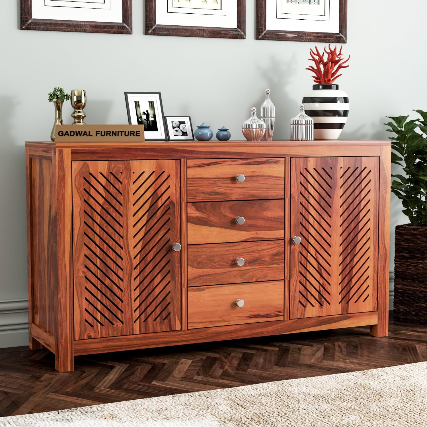 Solid Sheesham Wood Sideboard TV Cabinet - Elegant Free-Standing Movable Chest of Drawers with 4 Drawers & 4 Shelf storag for Stylish Living Room (Rylan, Honey Finish)-image-36