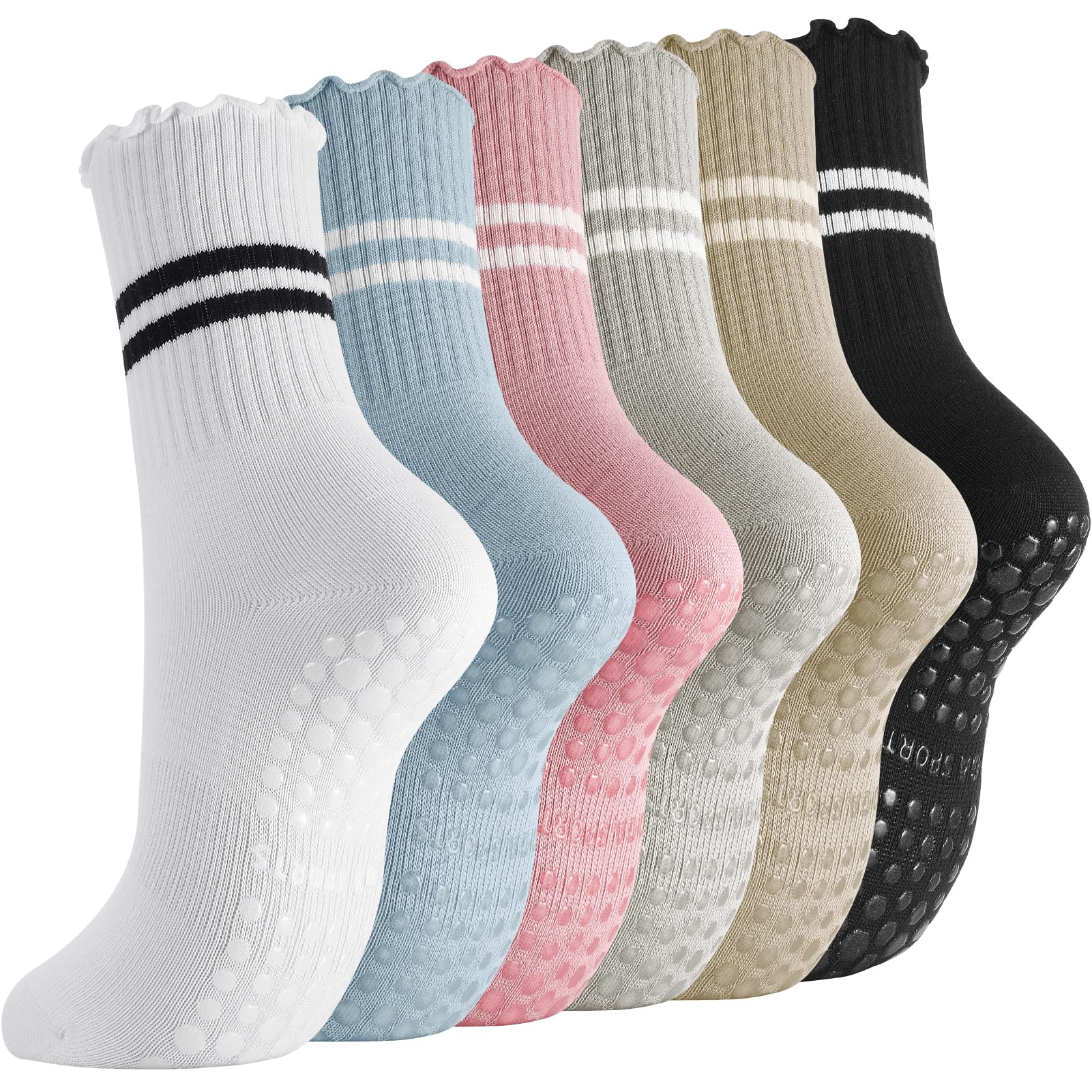 Jspupifip Pilates Socks with Grips for Women, 6 Pairs Ruffle Yoga Socks Frilly Barre Non Skid Athletic Crew Grip Cotton Socks for Ballet, Dance,