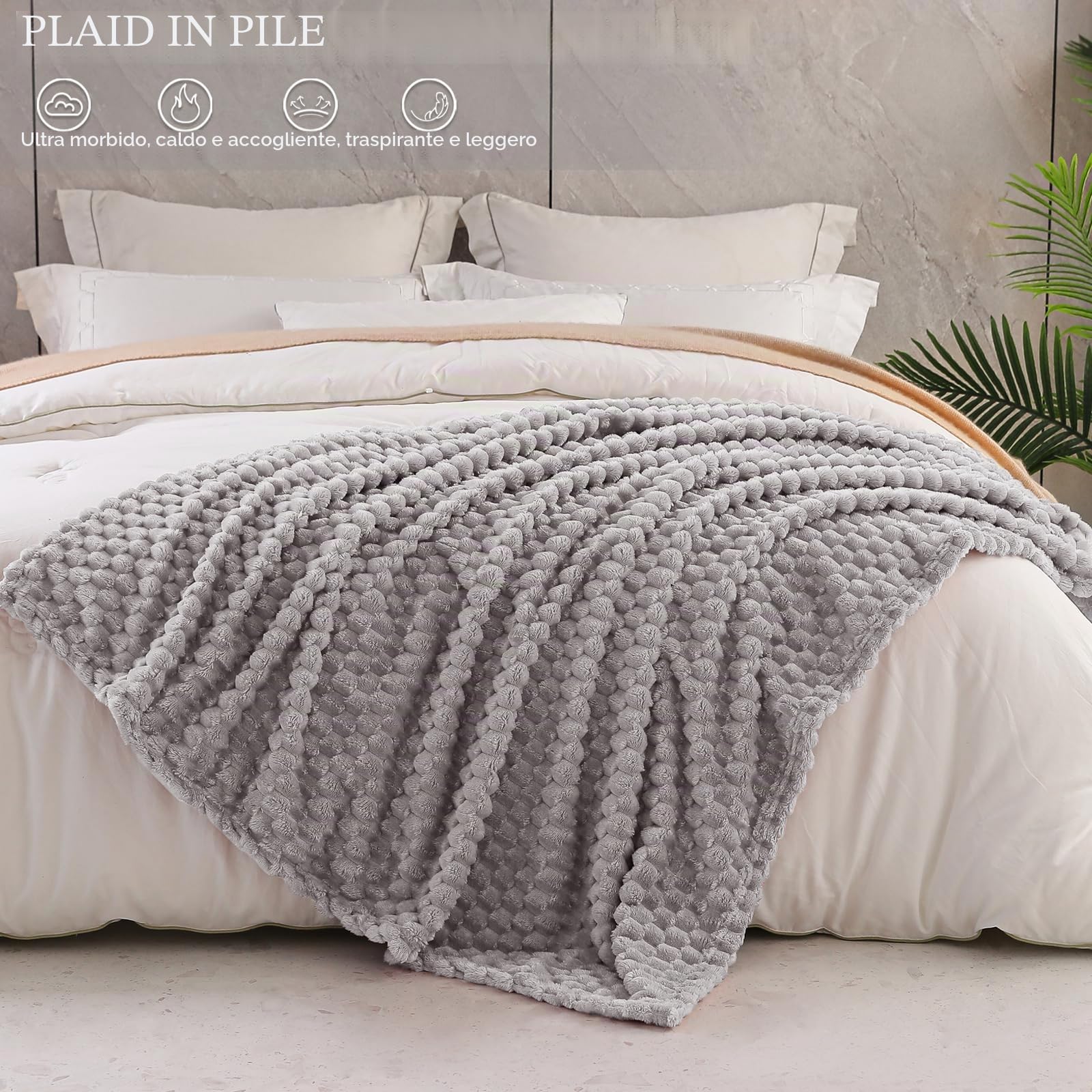 Exclusivo Mezcla Coperta Plaid Pile da Letto, 230x270 cm, Grigio Chiaro | Coperta in Flanella Jacquard 3D Elegante per Divano, Doppia Faccia Morbida, Facile Manutenzione e Leggera, per l'Estate