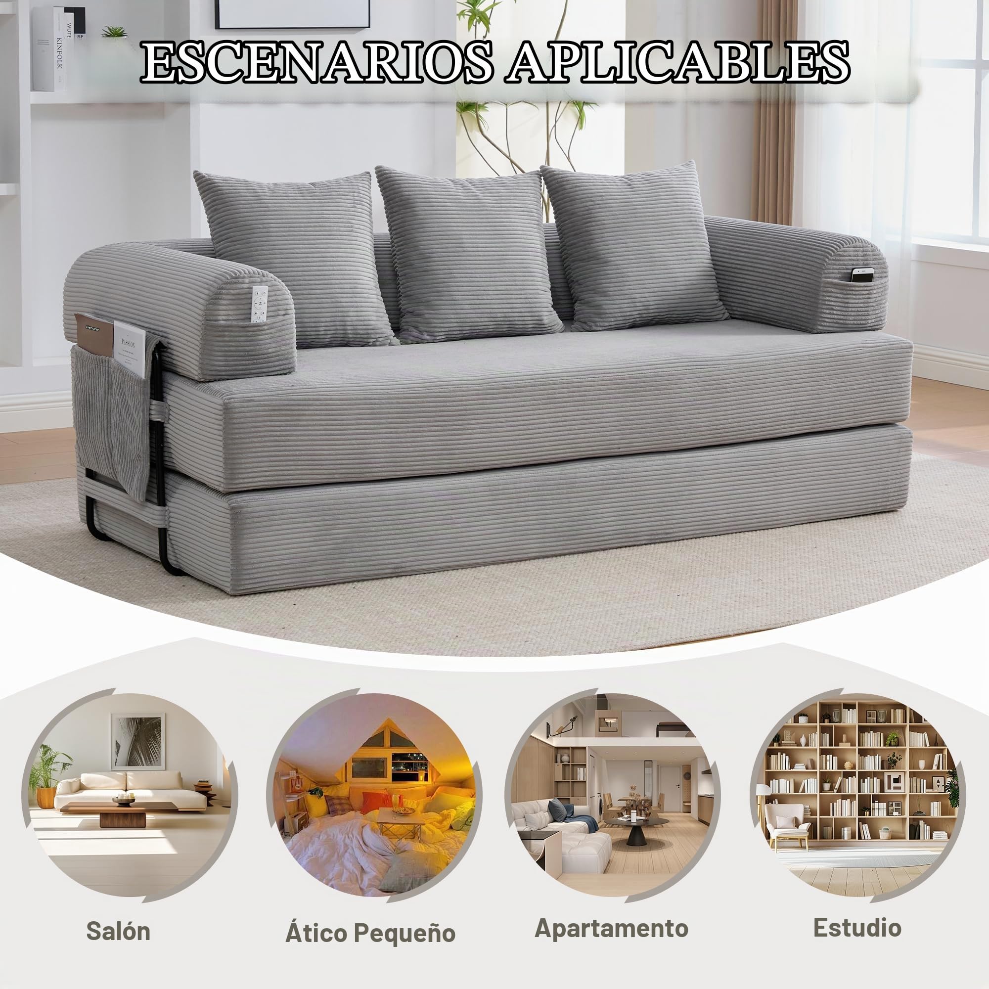 Sofá Cama Plegable con Respaldo y Almohada, Pana, Gris Claro | Para Salón Dormitorio, Sofá Matrimonio Convertible con Bolsa de Almacenamiento, Con Estructura de Metal y Reposabrazos