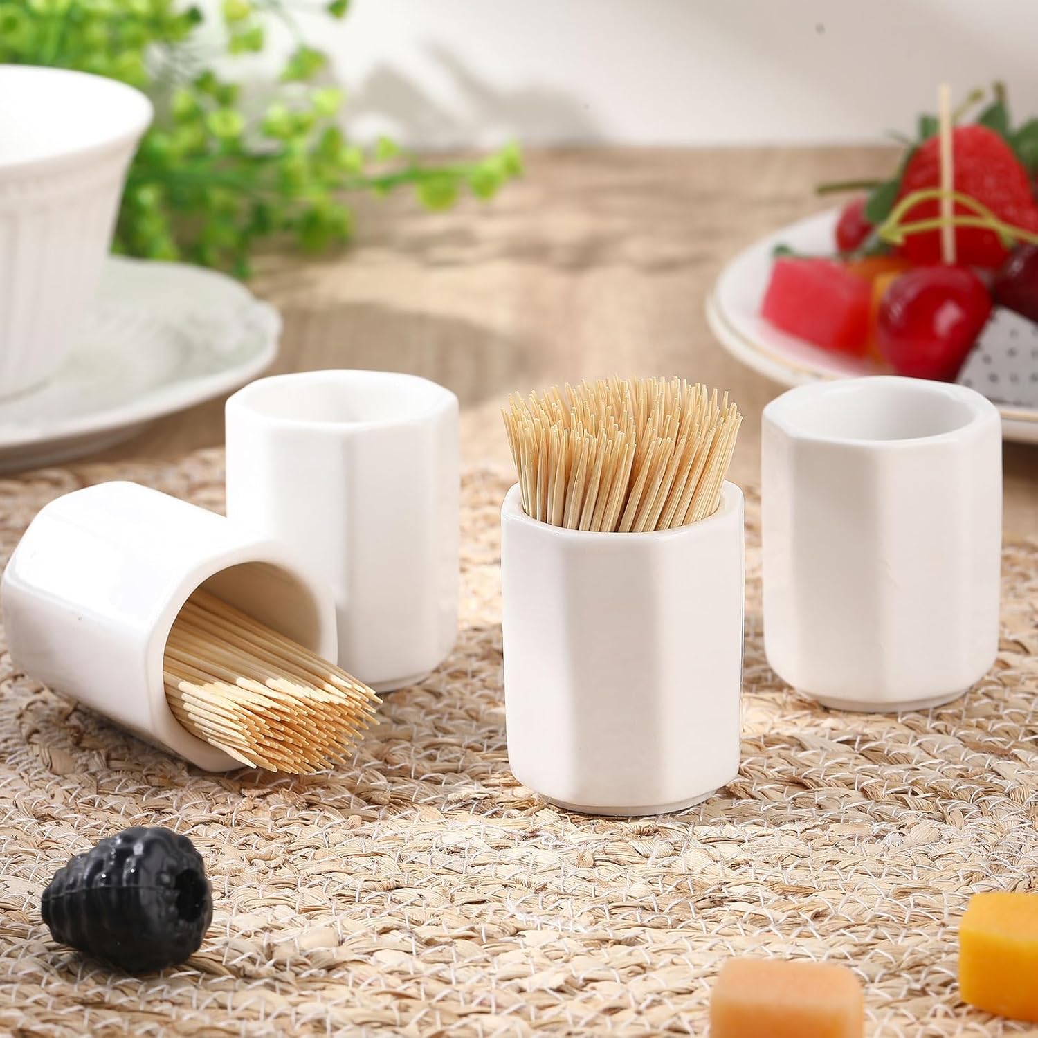 Mimorou 4 Pcs White Ceramic Toothpick Holder Simple Ceramic Toothpick Dispenser Container for Home Charcuterie, Easy to Clean(Octagon)