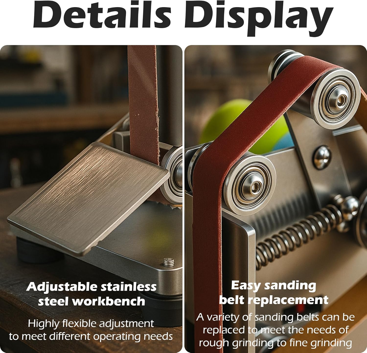 Electric Belt Sander for Woodworking, Mini Belt Sander for Metal Plastic Working DIY Small Projects, 7 Speed Regulation, Angle Adjustable Belt Knife Sharpener with 10pcs Belts and Dust Shield