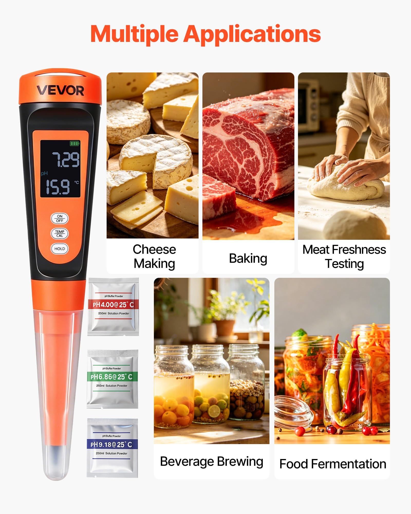 VEVOR pH-Meter für Lebensmittel, Messbereich 0–14, Wasserdichte Sonde (IP68), Messgerät mit Automatischer Temperaturkompensation, Kalibrierpulver, für Lebensmittelfermentation, Teig & Fleisch