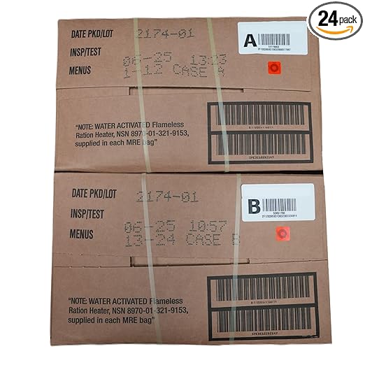 MRE Meals Ready to Eat – A & B Case Bundle (2 x 12 Packs) – 2025 Inspection or Better – Emergency Survival Food w/Flameless Heaters