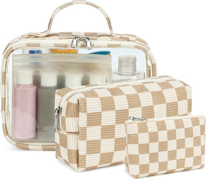 Bluboon 3Pcs Makeup Toiletry Bag for Women, Clear Packing Cubes Cosmetic Bag for Travel Women With Zipper Travel Essentials (Corduroy Checkered)