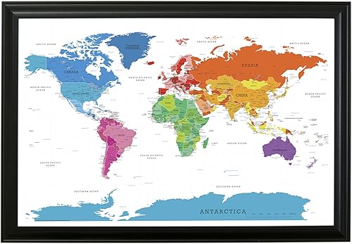 Vista 56 de Lienzo - Mapa de viaje personalizado con diseño colorido del mundo con marco negro rústico