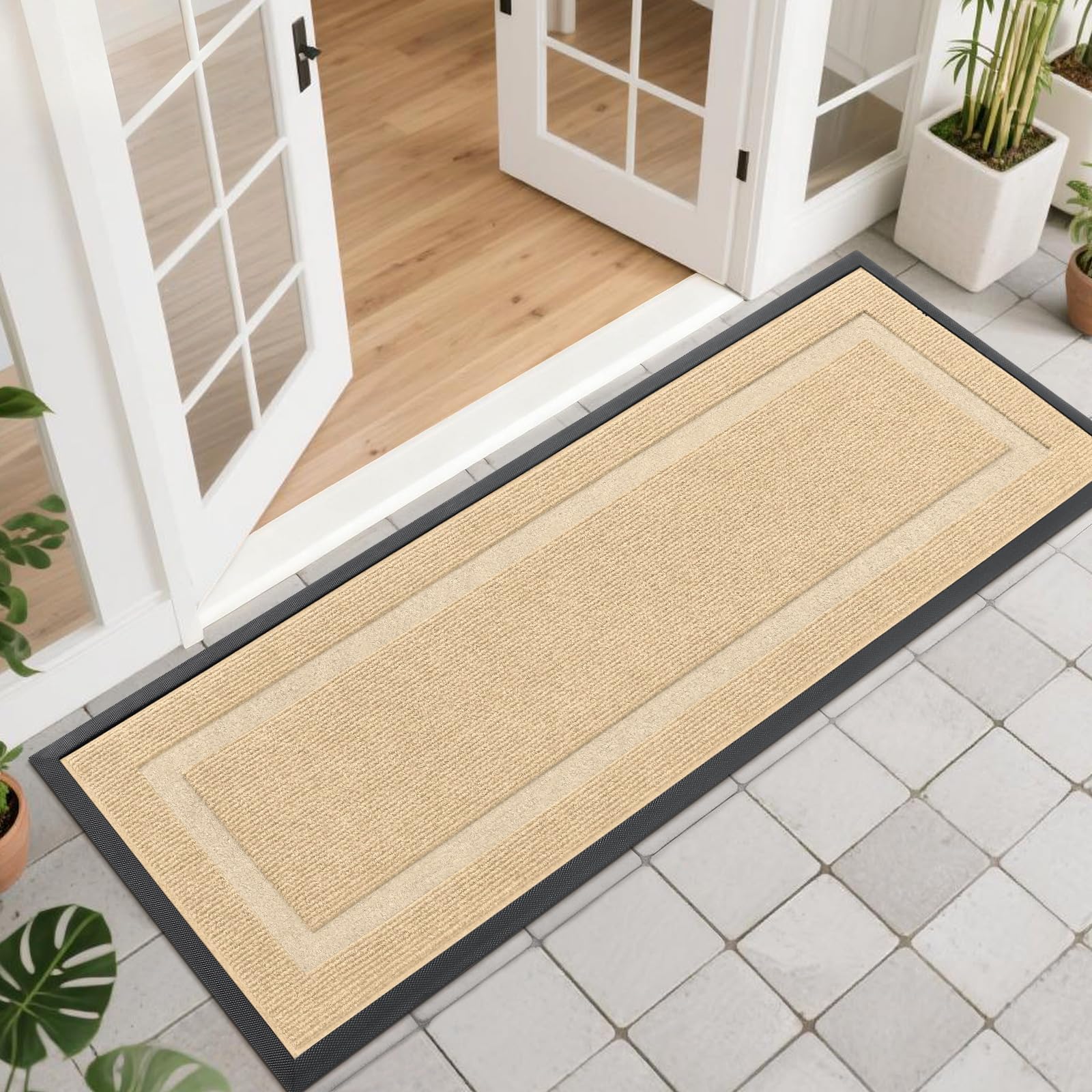 OLANLY Front Door Mat Indoor Outdoor Entrance, Waterproof All-Season, All-Weather Doormat, Sturdy Natural Rubber, Fade Resistant, Low Profile, Easy Clean Patio Porch Entryway Mat, 47x17, Beige
