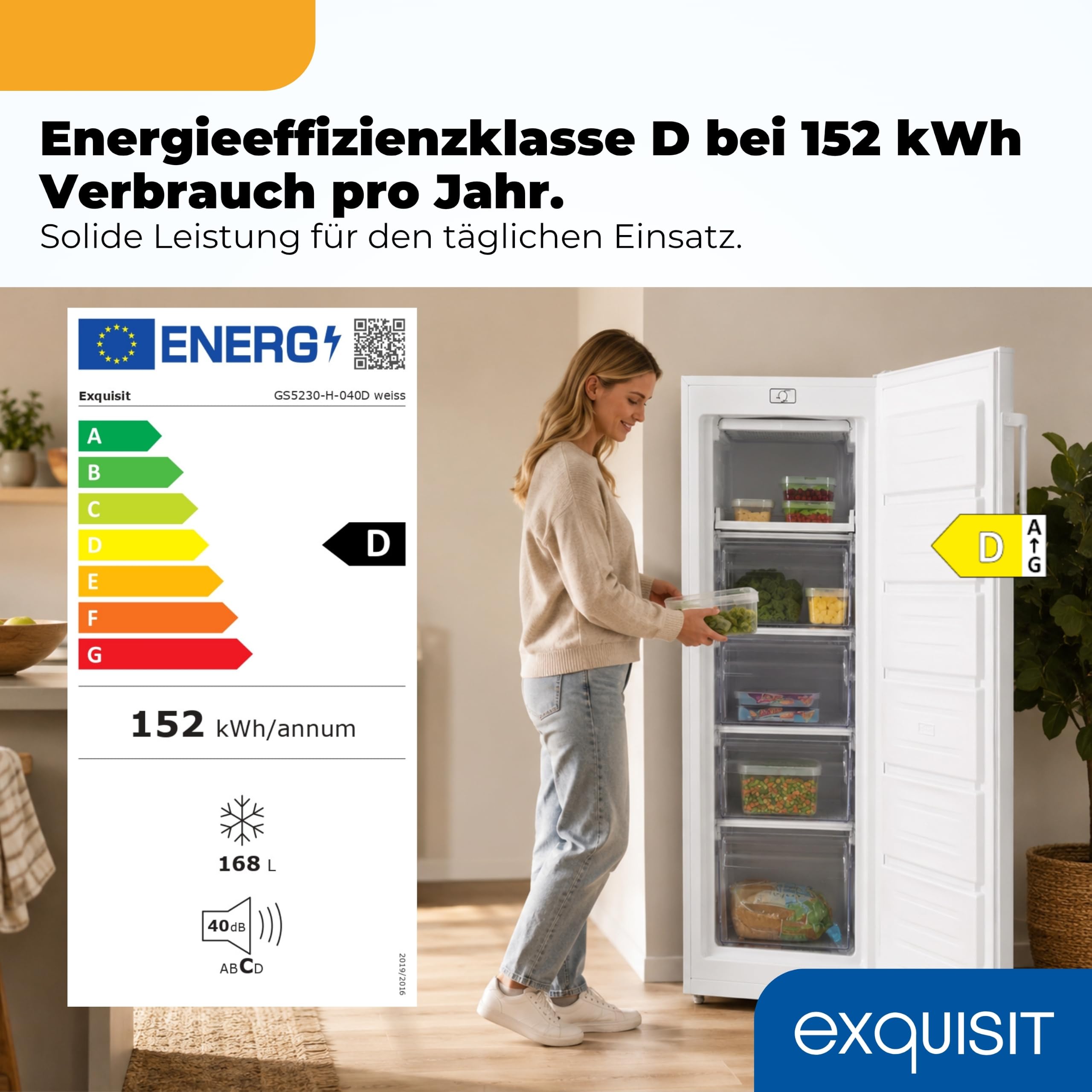 Exquisit GS5230-H-040D Gefrierschrank - 168 l Tiefkühlschrank - Weiß - D | 4 Sterne Gefrierfach - 4 Schubladen - 143 cm hoch - 40 dB leise - Türanschlag wechselbar - Freistehendes Gefriergerät