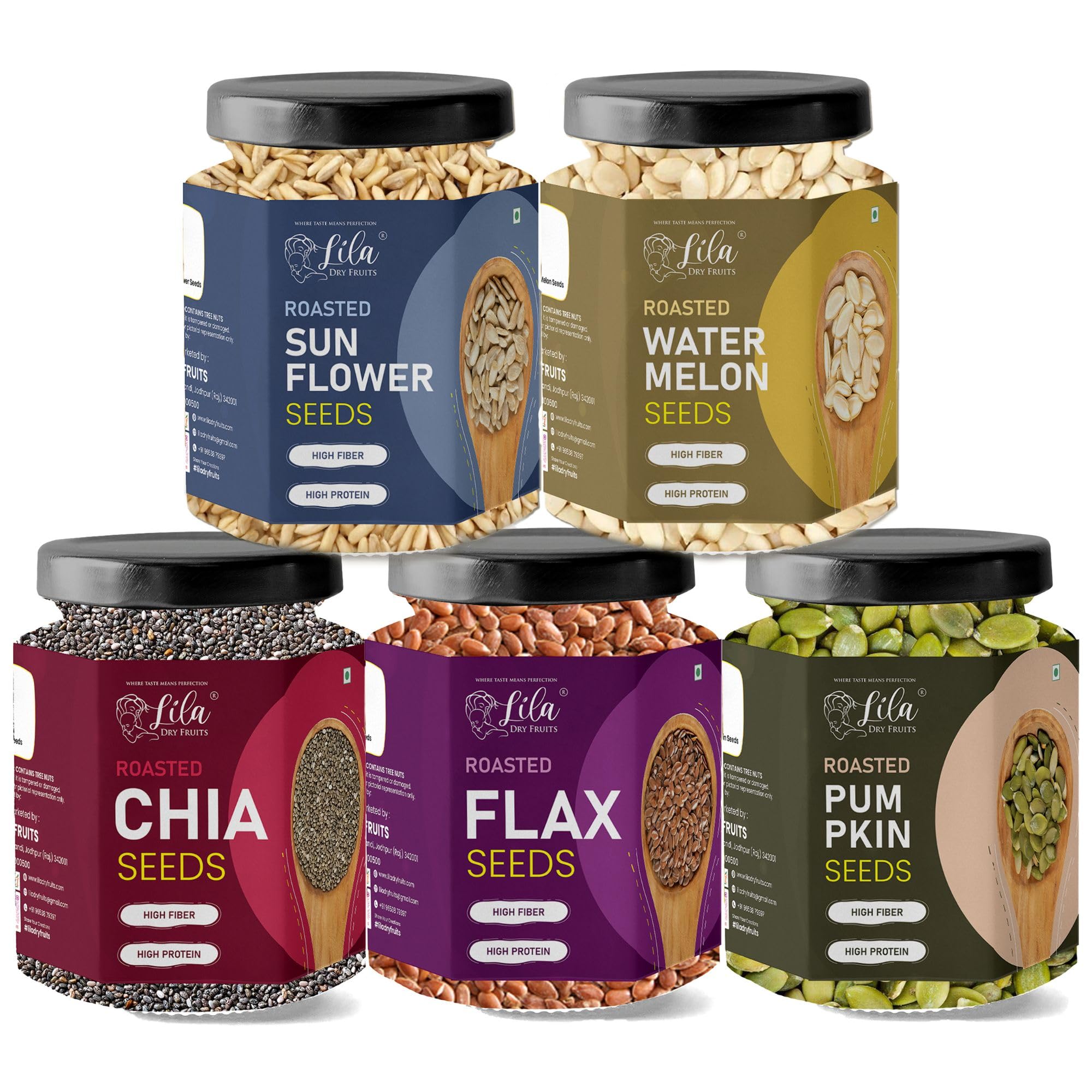 LILA DRY FRUITS Roasted Seeds Combo 500 g | Chia, Flax, Pumpkin, Sunflower & Watermelon Beej - 100 g Each | 100% Natural Healthy Seed for Eating | Seeds Mix High in Fiber | Perfect for Gifting
