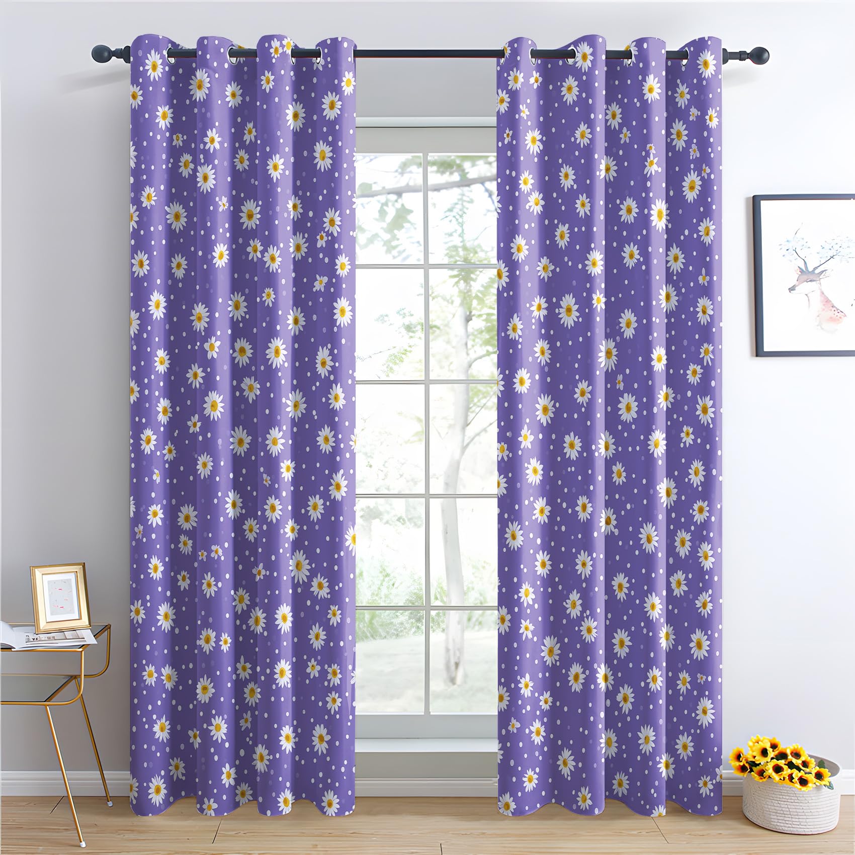Venivici Daisy Blackout Curtains for Bedroom Living Room - 72 Inch Drop Curtains Eyelet, Purple Floral Spring Patterned Window Treatments, Thermal Insulated Drapes 66x72 2 Panels