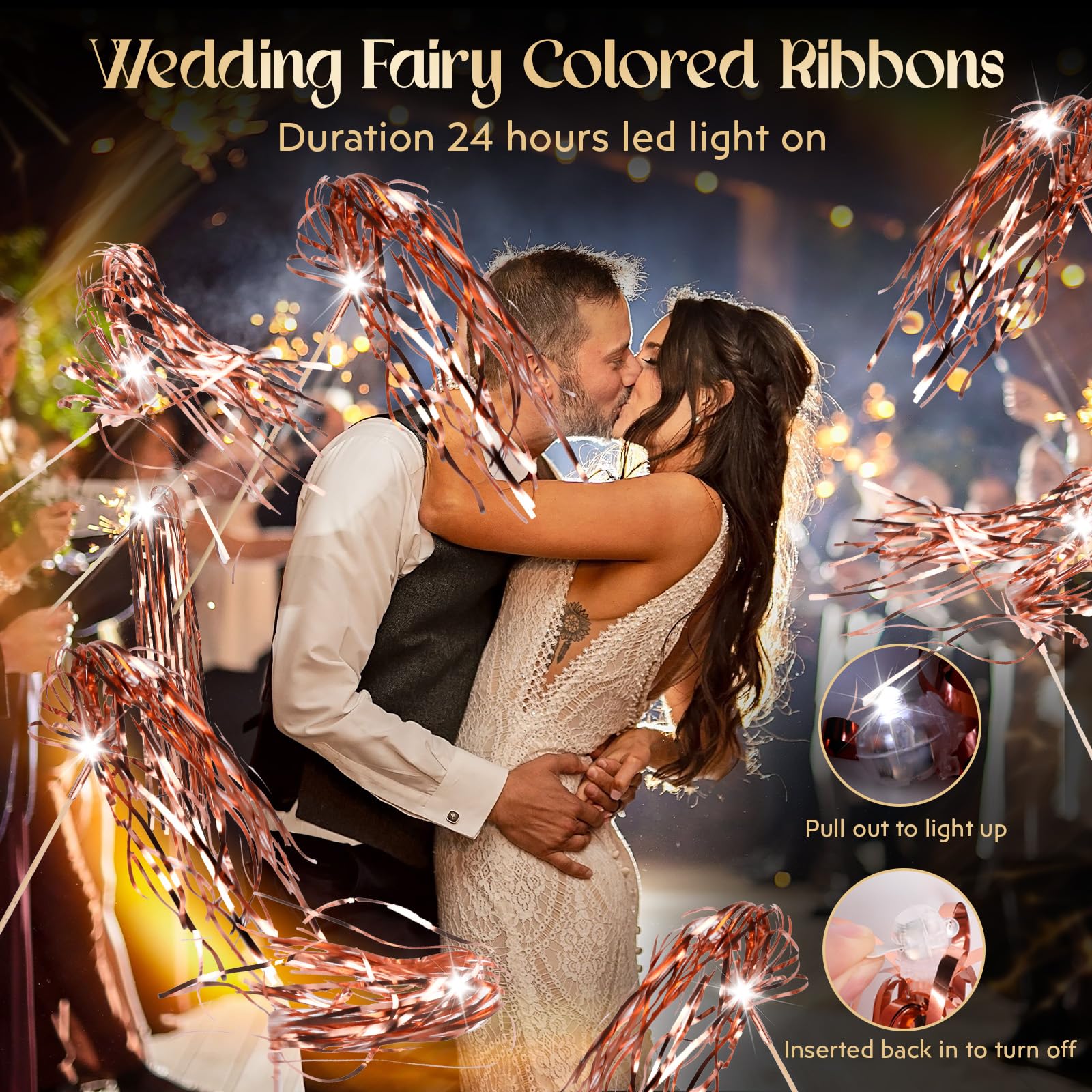 100 varitas de boda iluminadas con espumillón LED para boda, envío y felicitación, accesorios ideales para bodas, fiestas de cumpleaños, juegos de animación de Navidad (oro rosa)