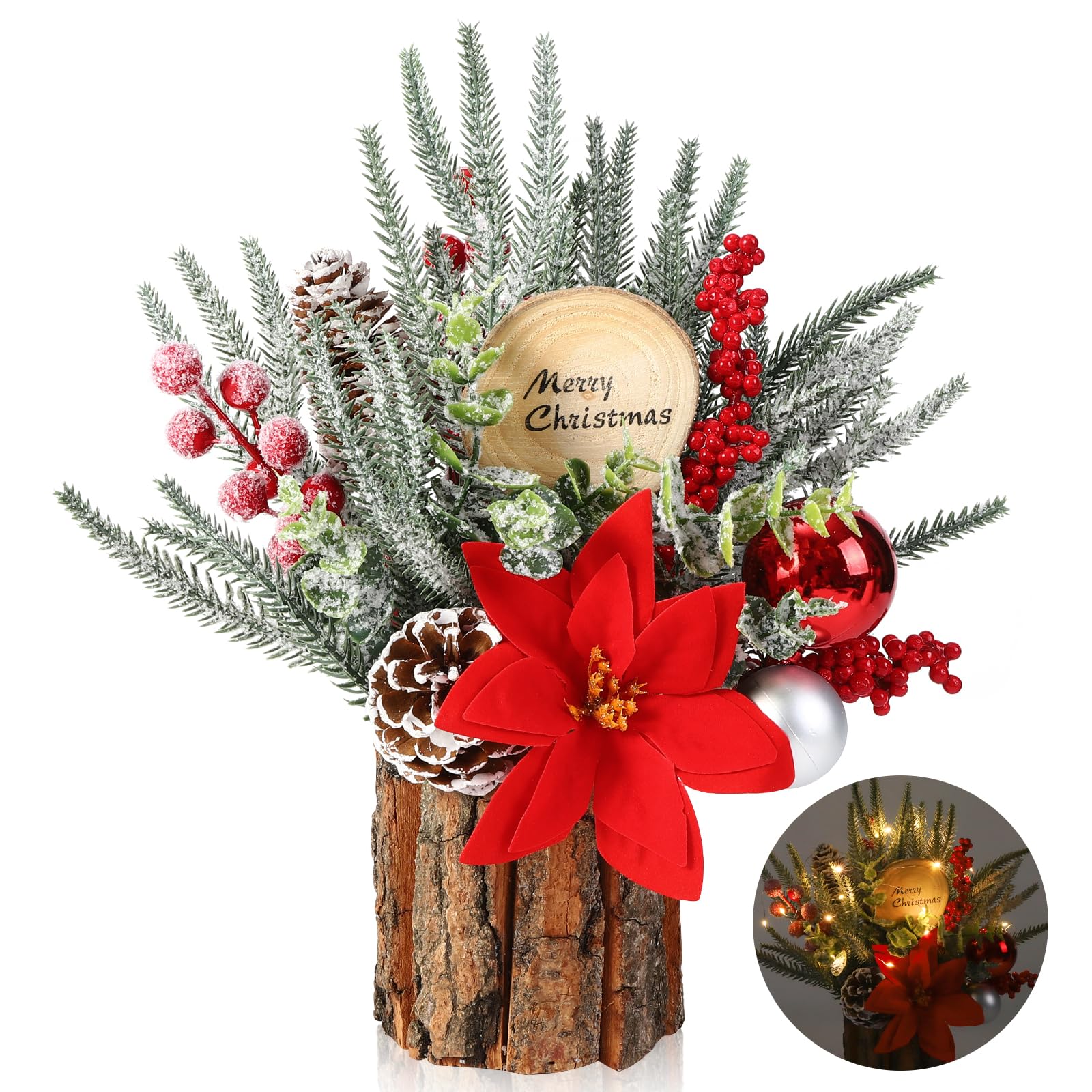 Small Christmas Tree Artificial Mini Tabletop Christmas Tree with Lights Christmas Ornaments Pine Cone Branches Red Berries for Christmas Party Home Indoor Decoration (13 Inches)