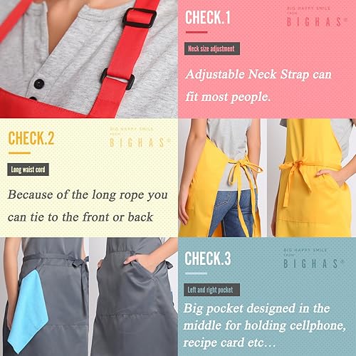 Miniatura 4 de Delantal ajustable con bolsillo extra grande con cintas para abrochar, para mujeres y hombres, disponible en 18 colores, ideal para chefs, cocina,