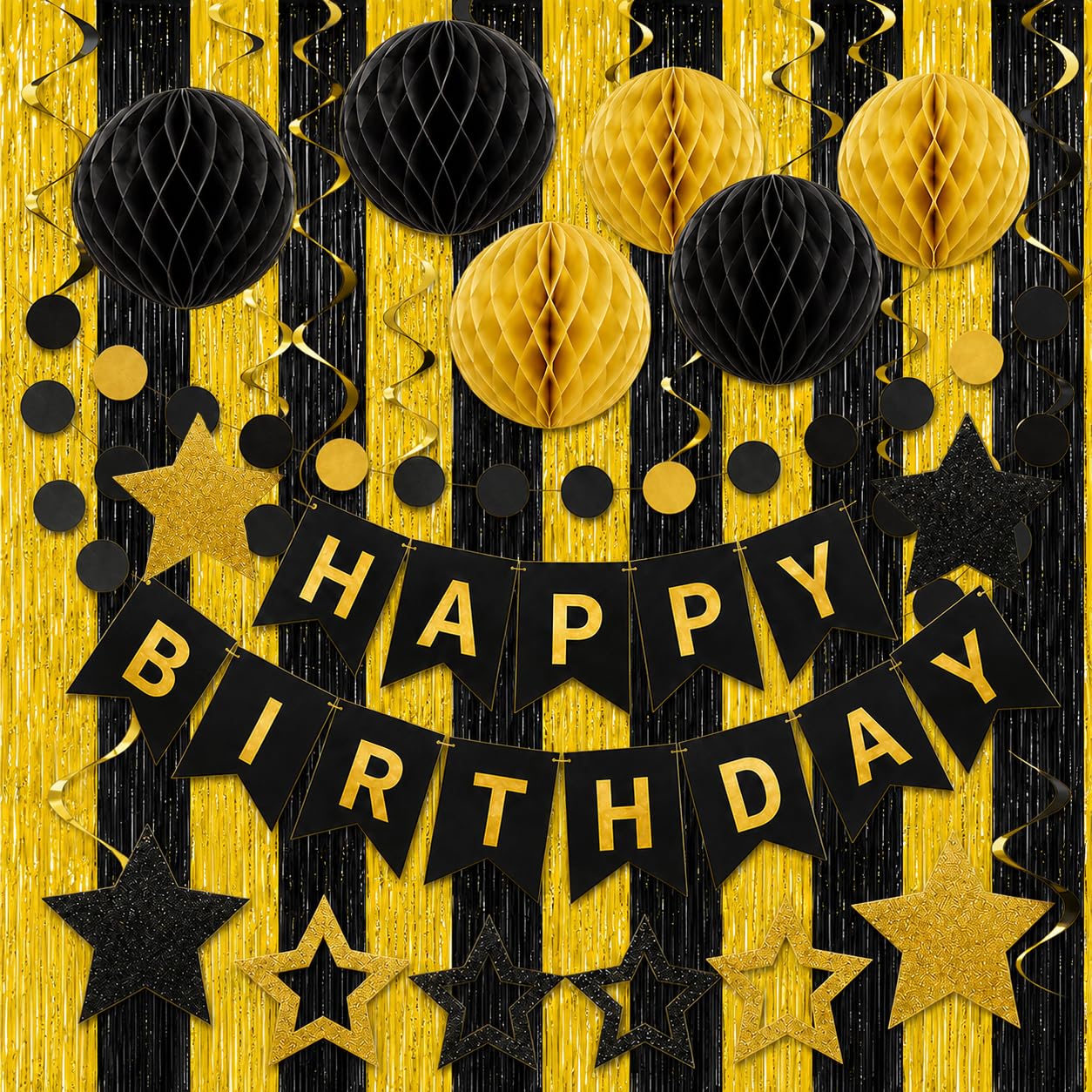 Happy Birthday Banner With Colorful Paper Flag Bunting Paper Circle Confetti Garland Swirl Streamers Honeycomb ball Tinsel Curtain for Birthday Party Decorations,gold and black