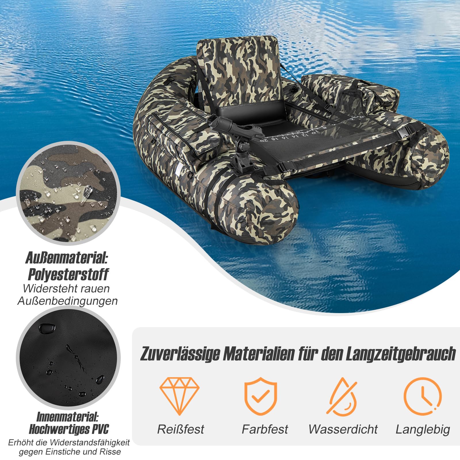 COSTWAY Aufblasbares Schlauchboot, Angelboot mit Fischlineal, Rutenhalter, Seitentaschen, Flossen, Paddel, Pumpe, Rückenlehne & Gurten, Belly-Boat 150 kg belastbar, Fischerboot 146 x 109 x 44 cm