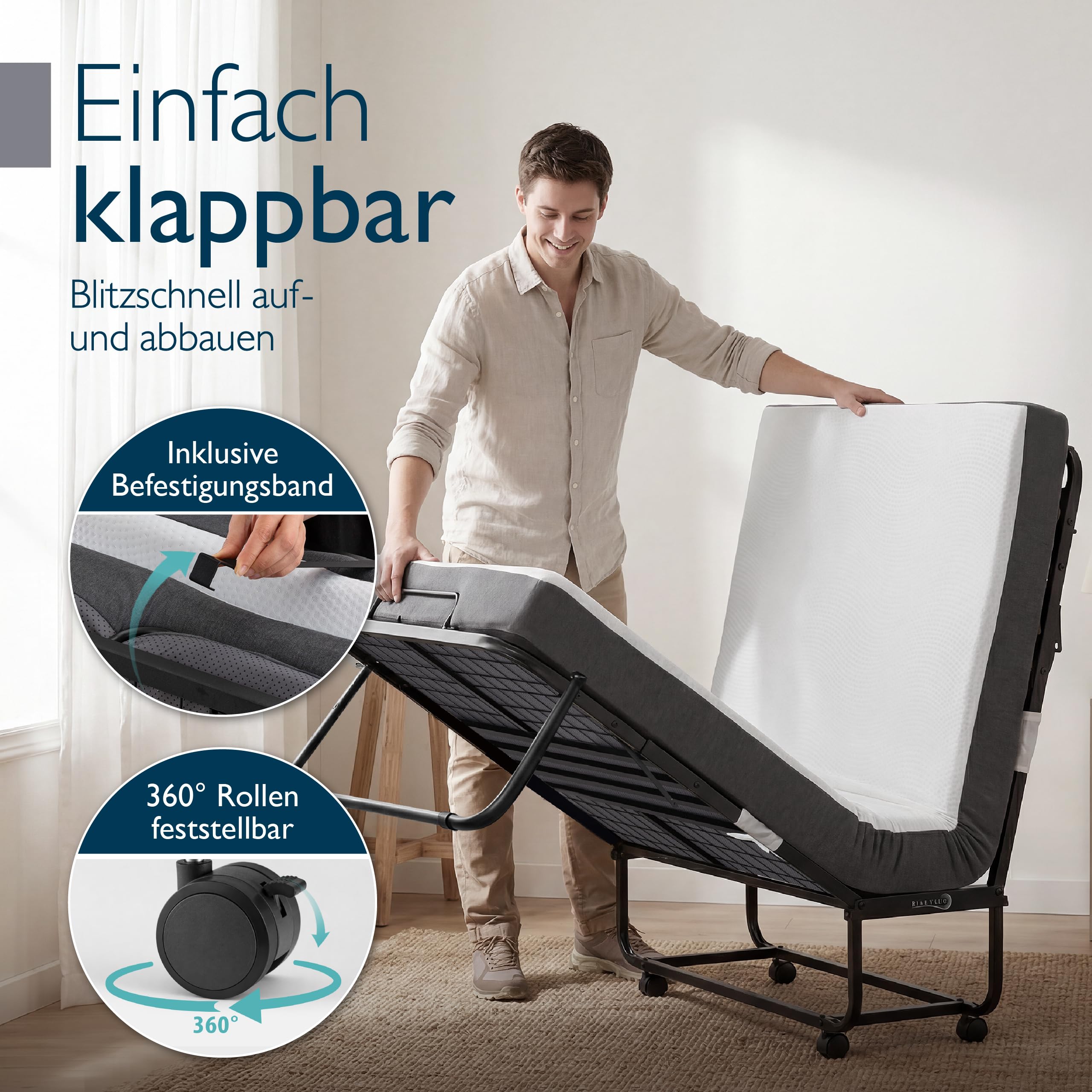Beautissu Klappbett Gästebett Klappbar für Erwachsene bis 200 kg Rollbett | 90x200cm 13cm Dicke Matratze Memory Schaum Faltbett 4 feststellbaren Rollen Platzsparend mit Schutzhülle Notbett Traumkraft D