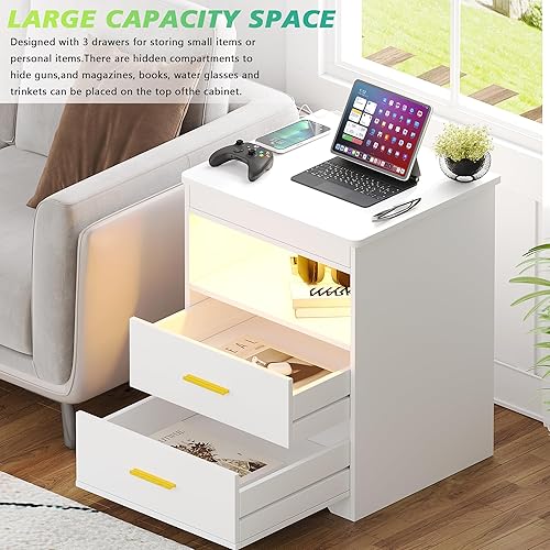 Miniatura 14 de Mesita de noche LED con cajón de pistola con cerradura, mesa auxiliar con estación de carga, mesita de noche con luz LED regulable de 3 colores a