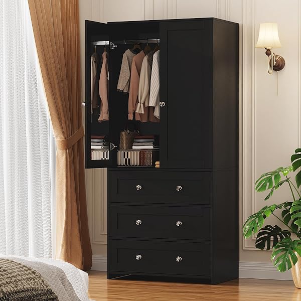 VOWNER Armoire Wardrobe Closet with Drawers and Mirror, 71 Clothing Storage Cabinet with Hanging Rod, 2 Doors Wooden War