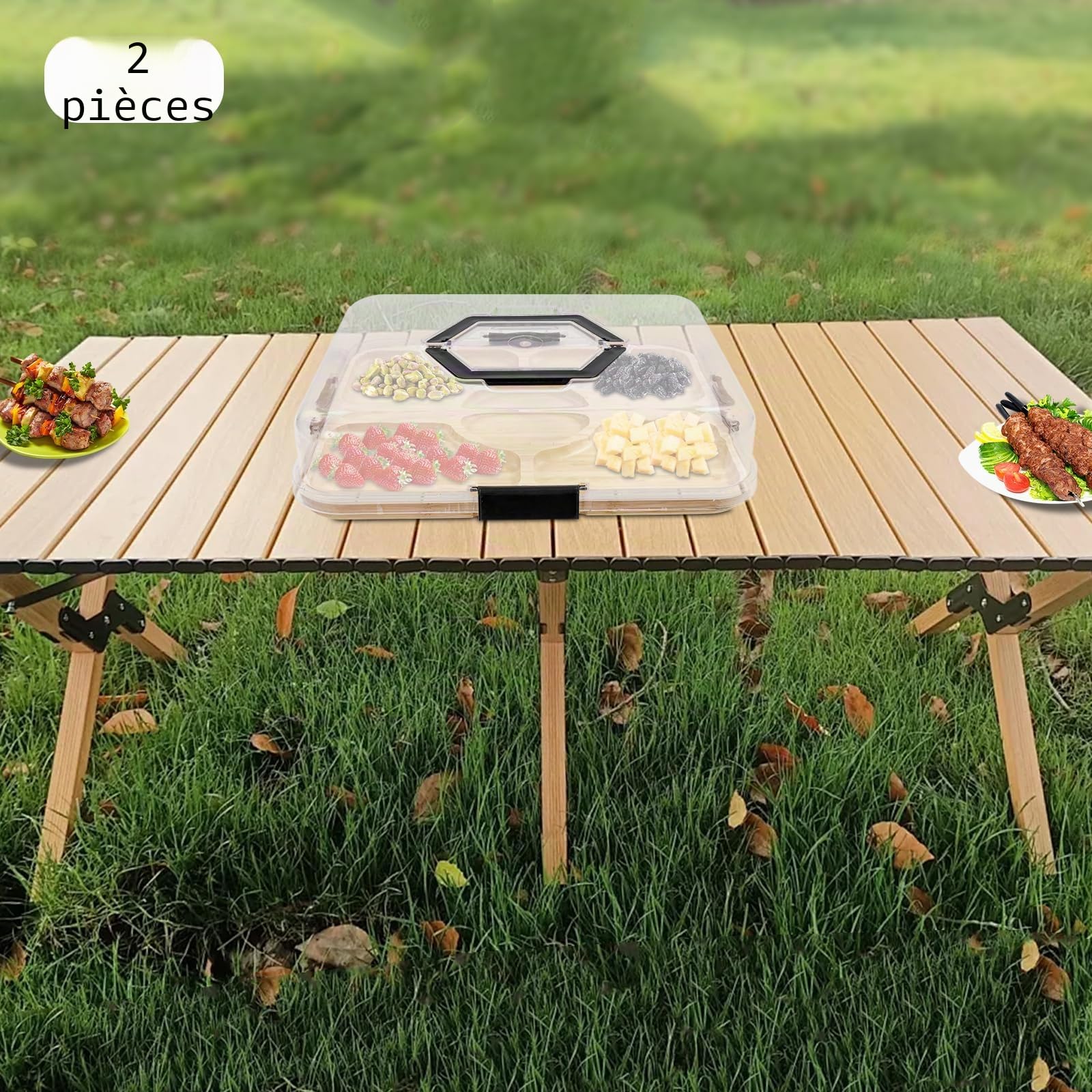 Lot de 2 planches à charcuterie avec couvercle - Planche à fromage portable avec 6 compartiments en bambou et acrylique - Pour cuisine, pique-nique, fête, goûter, 35 x 28 cm - Bois naturel